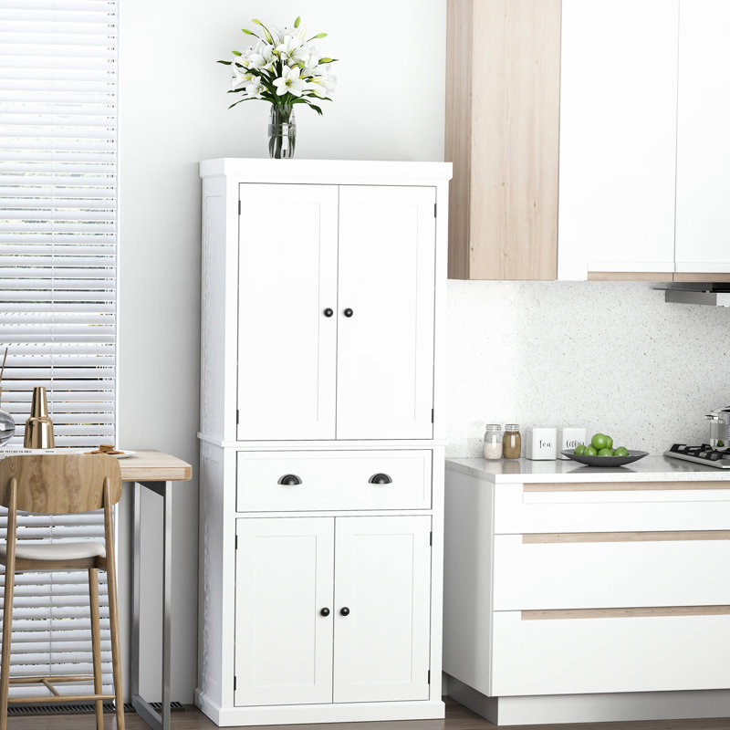 Armoire de rangement sur pied 72 po, armoire de rangement haute avec 2 portes, tiroir et tablettes réglables, blanc