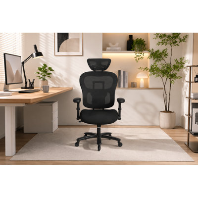 Black high-back office chair with a gaming-inspired design, featuring a sturdy 500 lb weight capacity, fully breathable mesh, multiple adjustable settings, and 2D flip-up armrests.