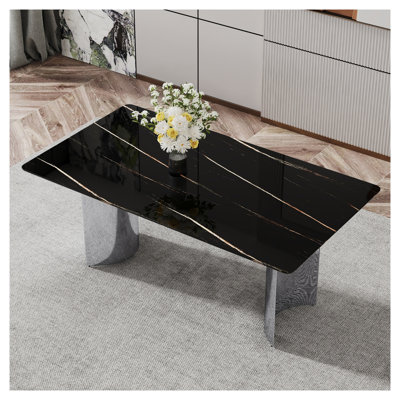 71" Modern Black Marble Dining Table with Silver Metal Legs - Contemporary Rectangular Glass Kitchen Table for 6-8 People