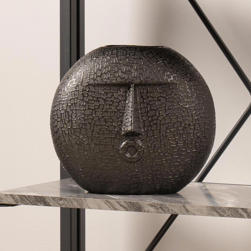 Textured Ceramic Vase for the Living Room, Round Face Design Decorative Vase, 21.2cm H x 24.2cm W x 13.3cm D, Black