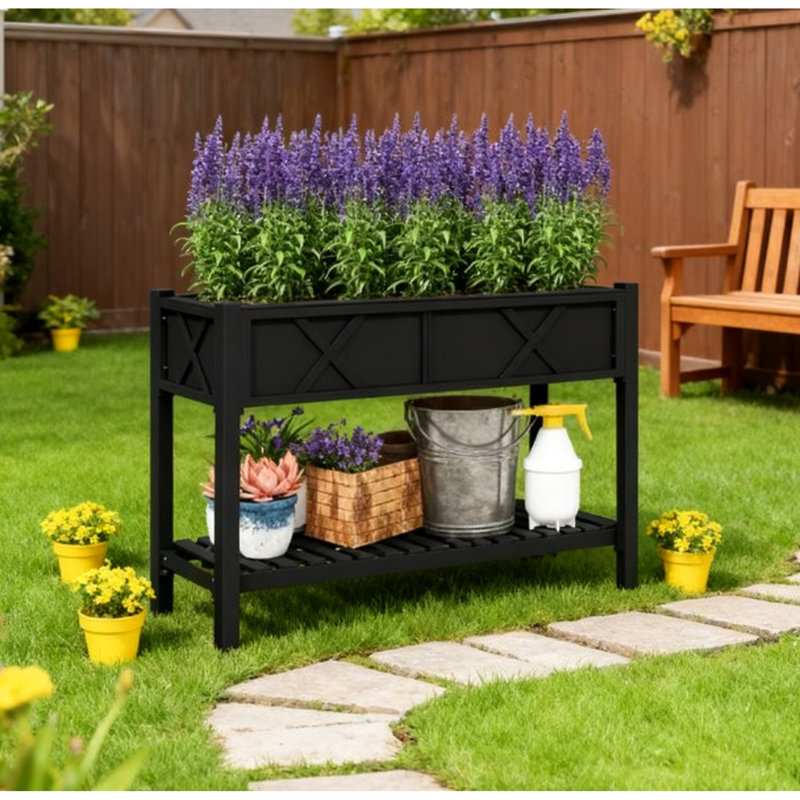 Elevated Wooden Raised Garden Bed Elevated Wood Planter Box with Dual-Tier Storage and Efficient Drainage for Easy Gardening