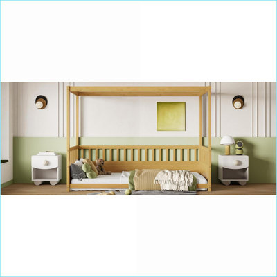 Twin Size Pine &amp; Plywood Canopy Floor Bed Frame with Guardrails, Natural Finish