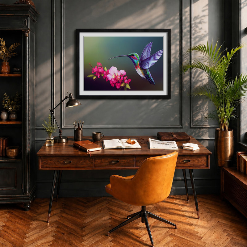Unreal Floral Hummingbird - Framed Print, Black, 25cm H x 34cm W x 2cm D