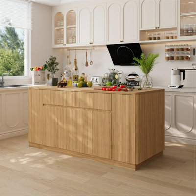 74.8" W Large Kitchen Island with Storage, Stationary Island Cabinet with Drawers, Adjustable Shelves, Modern Kitchen Table with Seating for 4-6, Wavy Design, Natural