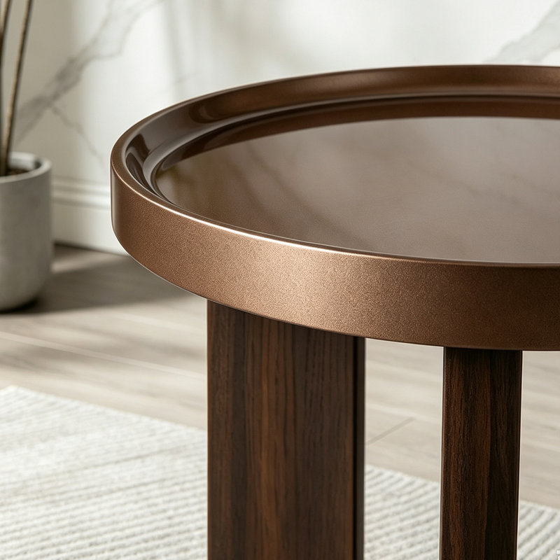 Table d'appoint de style vintage avec plateau en bronze foncé lustré et pieds en placage de chêne blanc
