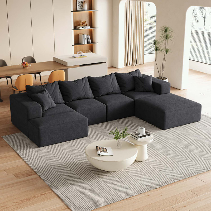 Boneless L Shaped Sectional with 6 Pillows, Black Chenille