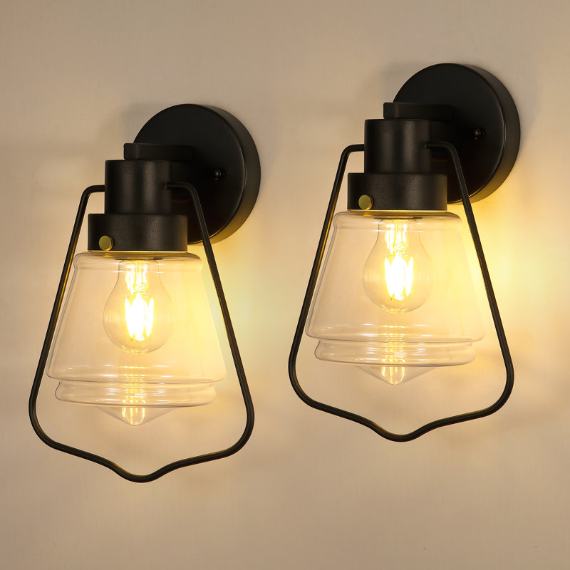 Farmhouse Outdoor Wall Sconce, Exterior Wall Light With Black Metal & Clear Glass Shade (2 Pack)