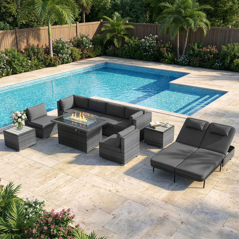 Luxury 10-Piece Patio Conversation Set Deep Seating Sectional With Fire Pit Table And Double Chaise Lounge, Dark Gray