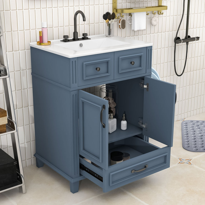 Modern Freestanding Bathroom Vanity with Ceramic Sink, Soft Closing Doors and Storage Drawer, Bleu