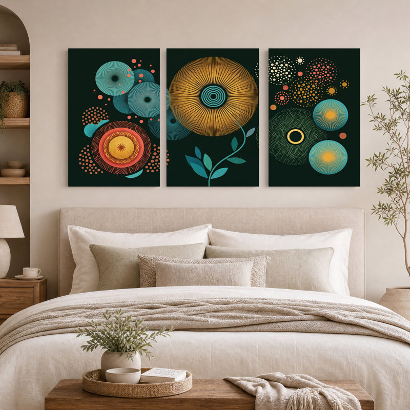 Ensemble de 3 toiles murales à motifs de soleil et de pois turquoise et orange, 24"H x 16"W x 3pcs