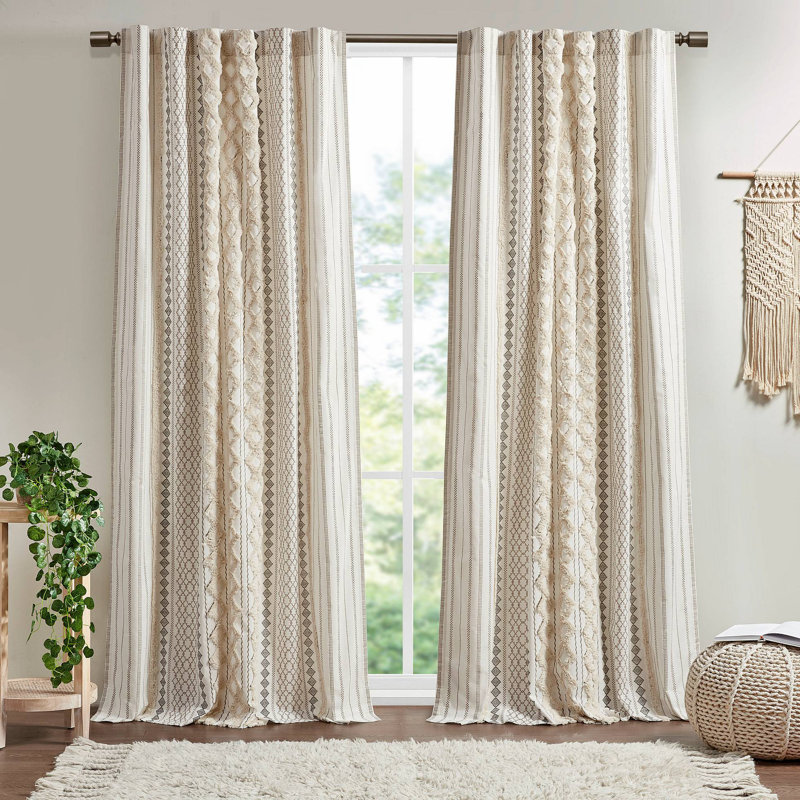 Panneau de rideau en coton 1PC 50X108 avec rayures et doublure en chenille, Ivoire ivoire, L 50,05 po x L 108,05 po