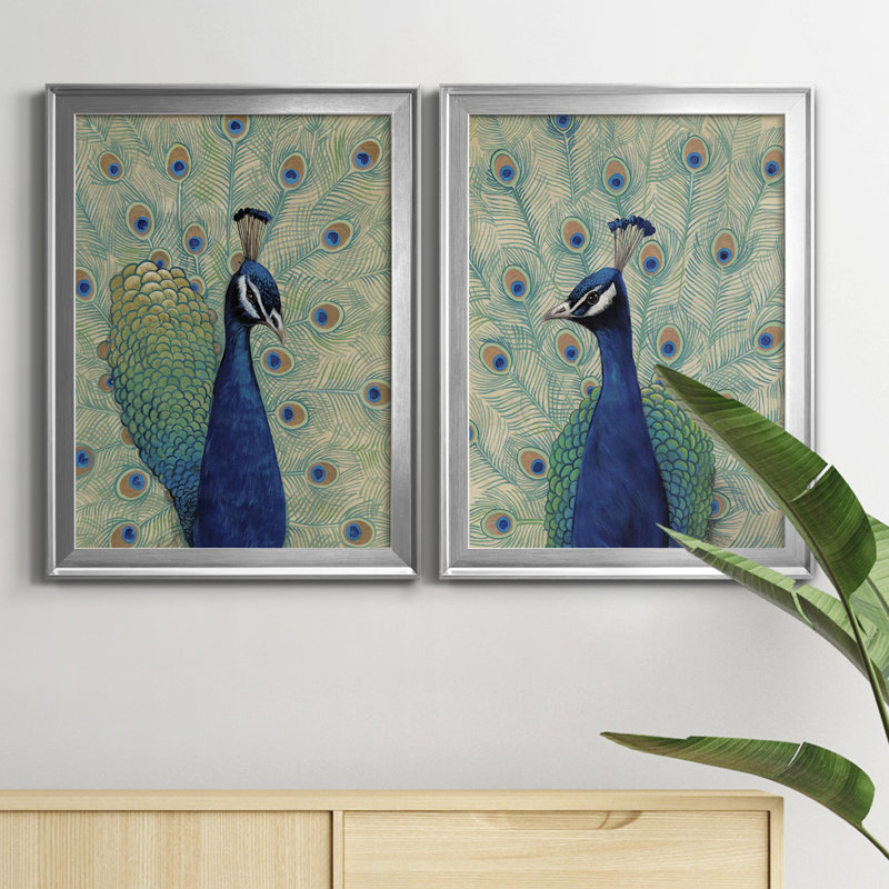 «Blue Peacock I», reproduction encadrée de qualité supérieure - prête à être accrochée, Argent, H 42,5 po x l 61 po x P 1 po