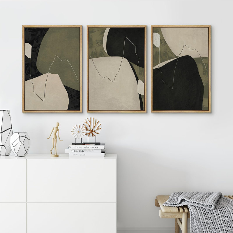 Nordic Shapes " Mid Century Modern Green Color Block Abstract Shapes Illustrations Art Decor Chic Bedroom Office " 3 - Pieces
