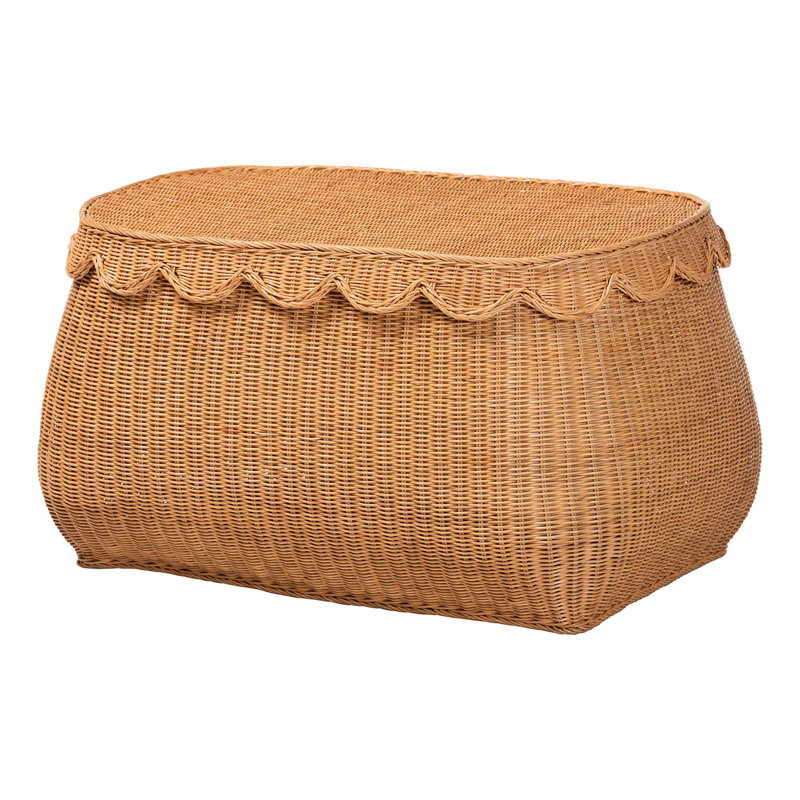 Bali & Pari Ayleen Natural Rattan Basket With Scalloped Lid – Handwoven Wicker Storage Box, Boho Coastal Home Décor, Large