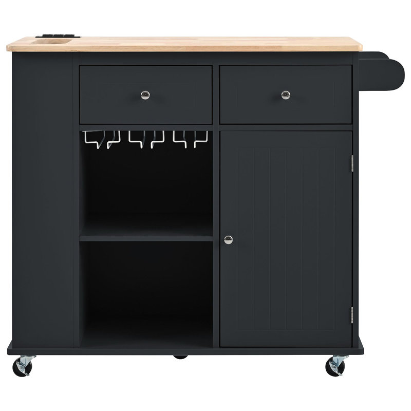 Îlot de cuisine avec prise de courant, îlot de rangement avec abattant et bois d'hévéa, rangement ouvert et support à vin, 5 roulettes, avec rangement réglable pour la maison, la cuisine et la salle à manger, noir