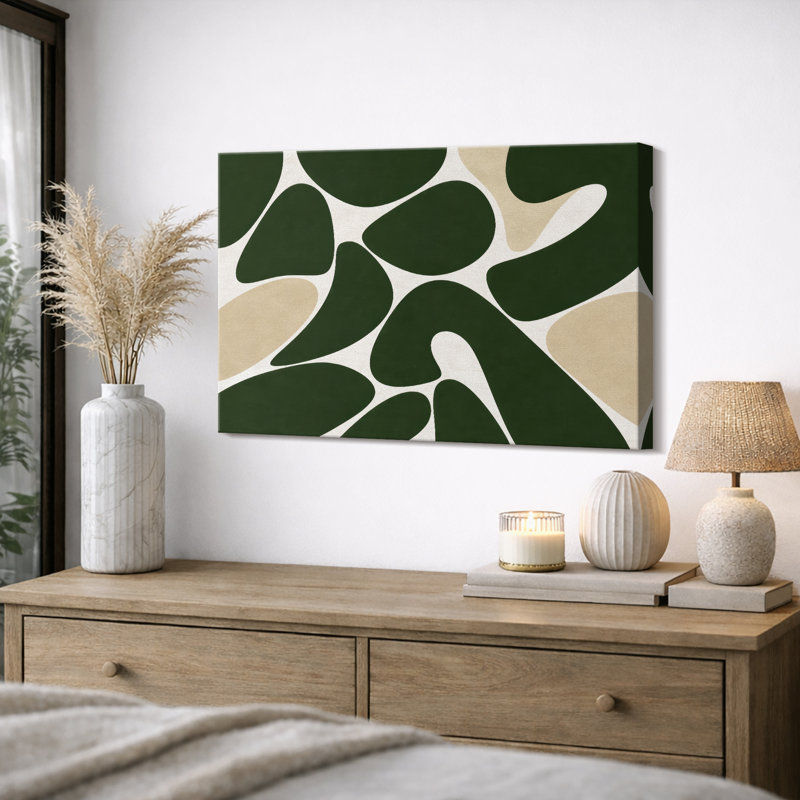 Œuvre abstraite en forme de motif beige vert organique, images de salon contemporain, impression sur toile encadrée
