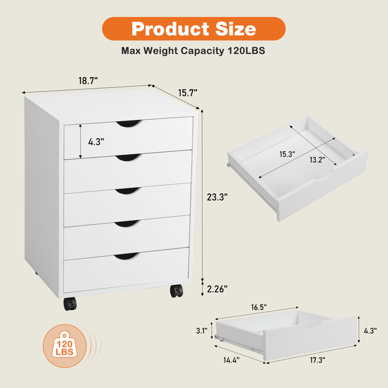 Commode à 5 tiroirs avec tiroirs Annawamscutt, Blanc