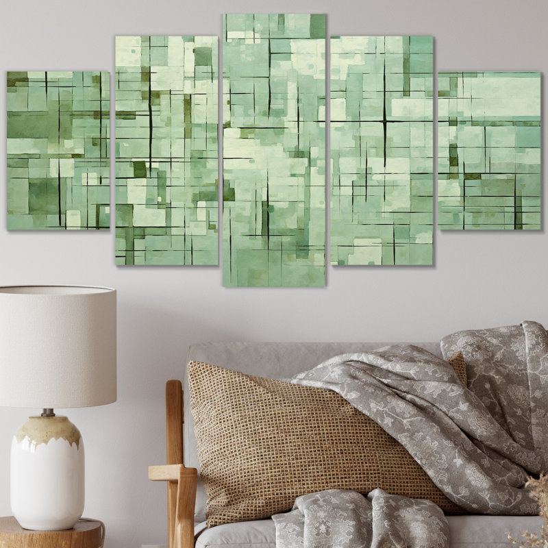 «Retro Geometrics In Faded Emerald And Blue II», reproduction sur toile abstraite - 5 panneaux