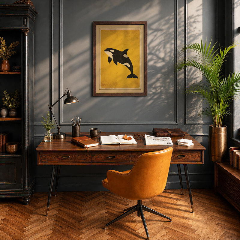 Leaping Orca Mid-Century - Framed Print, Walnut, A1 - 84.1 x 59.4 cm