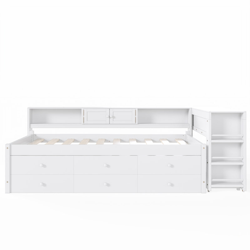 Structure de lit de jour en bois avec rangement, lit gigogne, tablettes latérales et bureau pour des espaces de vie multifonctionnels