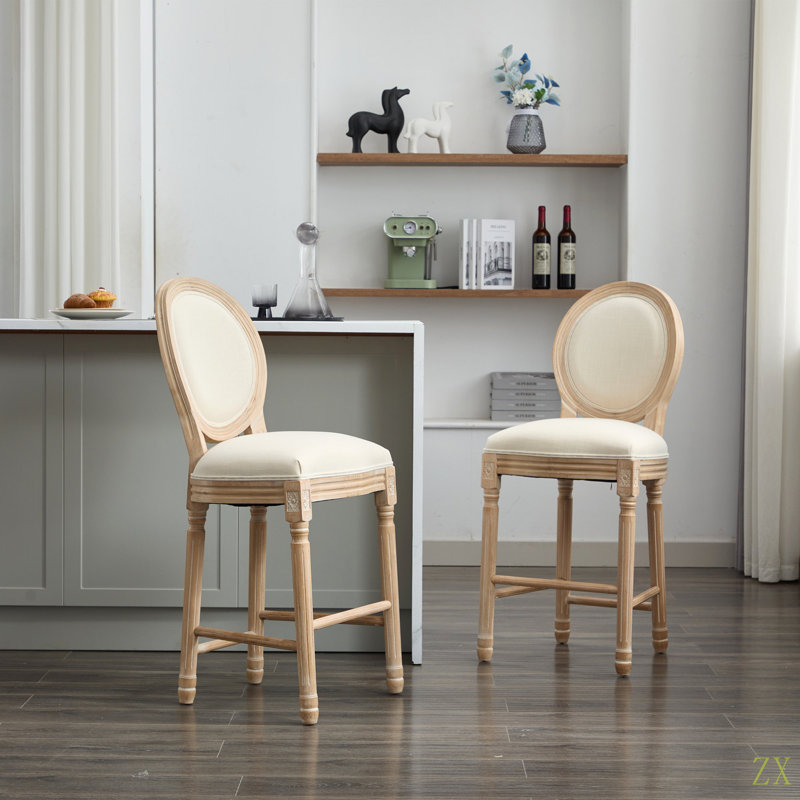 Solid Wood Bar Stools Set Of 2, Classic French Country Wooden Barstools With Upholstered Seating