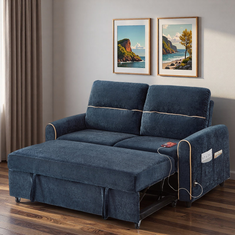 Convertible Pull Out Sofa Bed With Adjustable 3-position Backrest, 4 Side Pockets, Charging Ports And Elegant Gold Stitching
