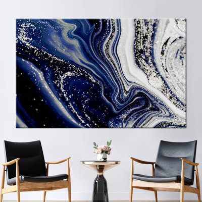 Abstract Navy Blue and Silver Shimmer Alcohol Ink Art on Contemporary Canvas Wall Decor