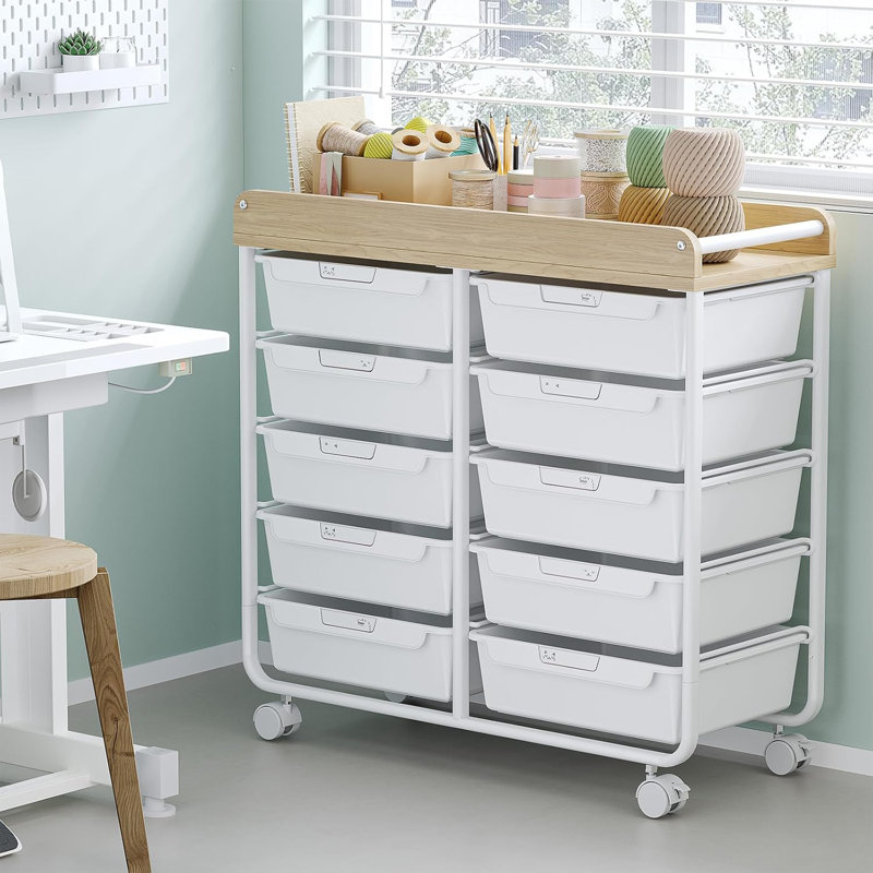 Rolling Storage Cart With 10 Large Drawers, Utility Cart With Wooden Tabletop For Craft Organizers, Art Supply Storage, Home Office Organization, Cart With Wheels For Classroom, School, White