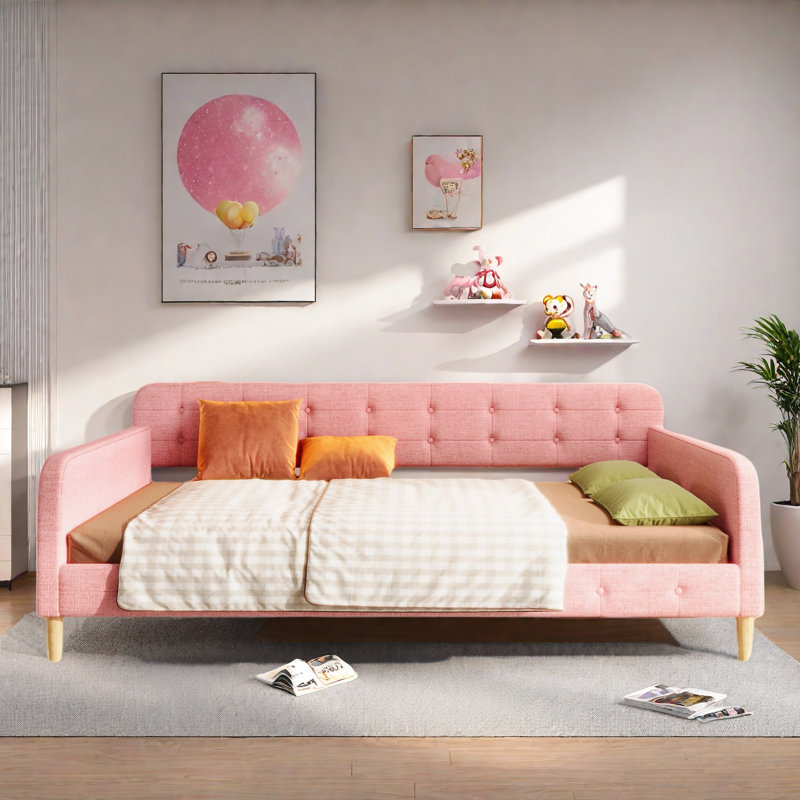 Lit de jour rembourré avec 4 pieds de soutien, Rose