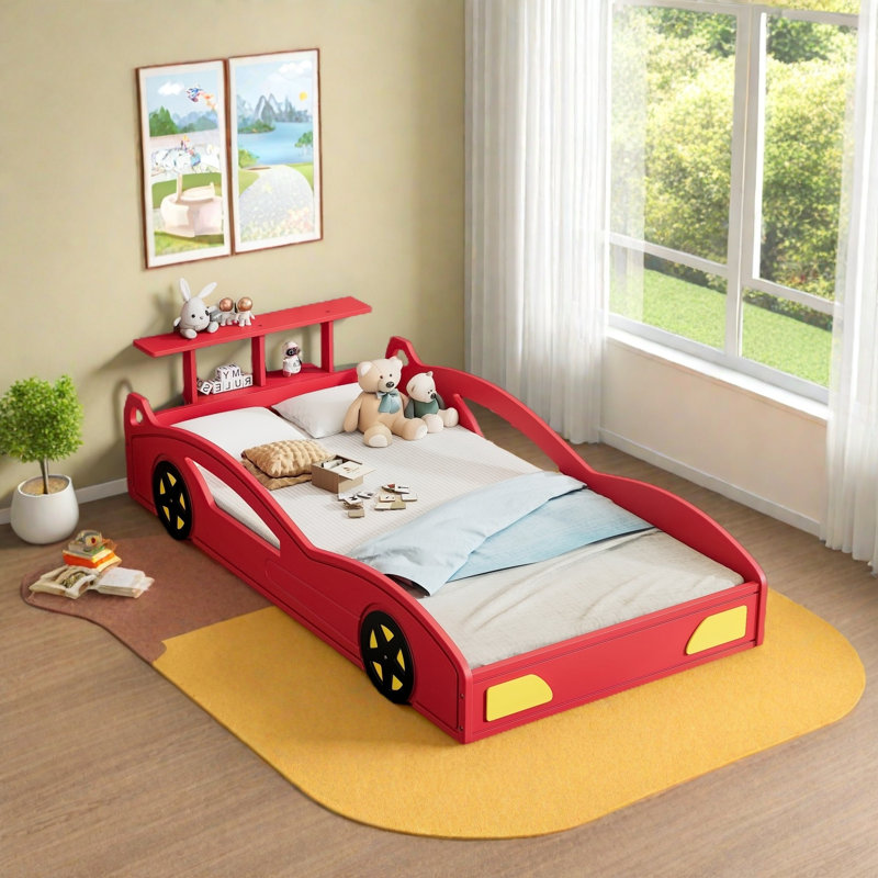 Kids Car Bed With Tail Style Shelves, Red