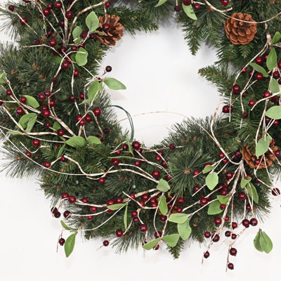 Couronne de Noël artificielle 24 po avec bouleau, cèdre, verdure et baies d'hiver pour Noël