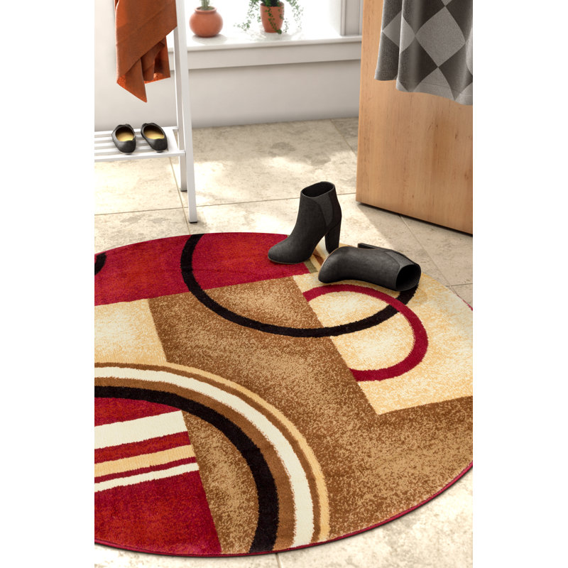 Tamia Power Loom Red/Brown/Ivory Modern Geometric Rug, Round 160cm