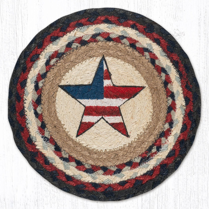  Americana Star Jute Trivet – 10"x10" Round Braided Hot Pad, Hand-Stenciled Red White Blue Patriotic Design