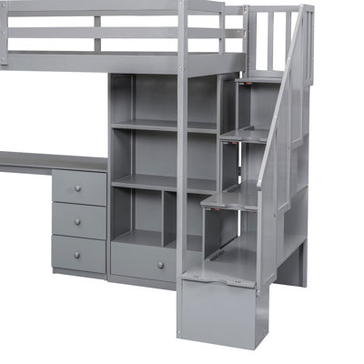 Lit mezzanine simple gris avec bureau en L, tiroirs et escalier au-delà de la controverse -