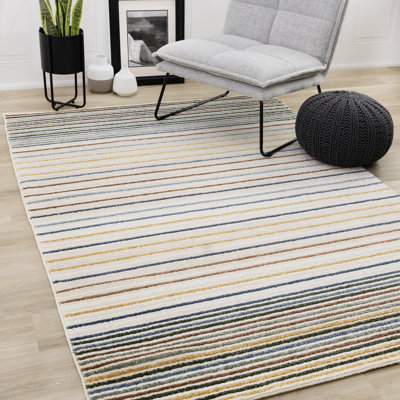 Latiana Textured Low-Pile Ribbed Multi-Colour Striped Area Rug