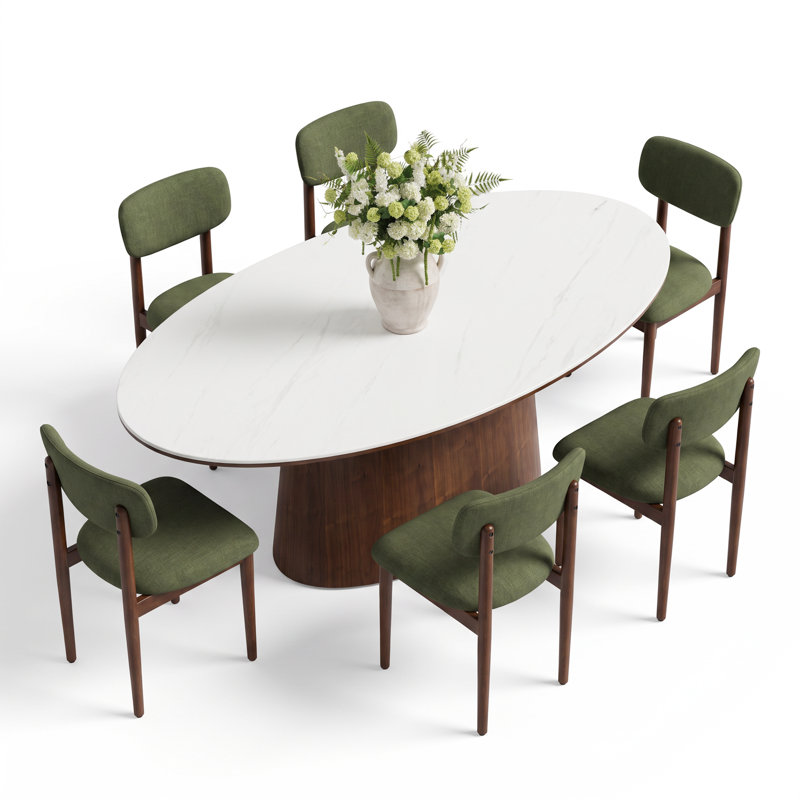 Ensemble de salle à manger Hayes de style milieu du siècle, comprenant une table ovale en pierre blanche frittée, 6 chaises de salle à manger rembourrées et un pied central en bois massif. Ensemble de cuisine 7 pièces.