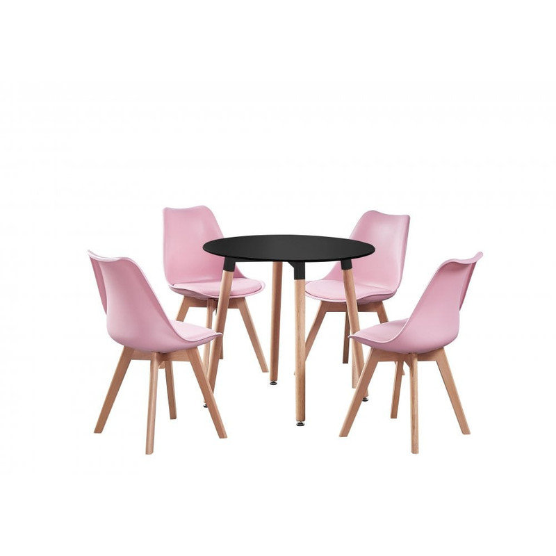 Christy 4 Person Dining set - a Round Plastic Dining Table with Wooden Legs and a Set of 4 Faux Leather Cushion Padded Dining Chairs for Dining Room - Modern Dining Table Set