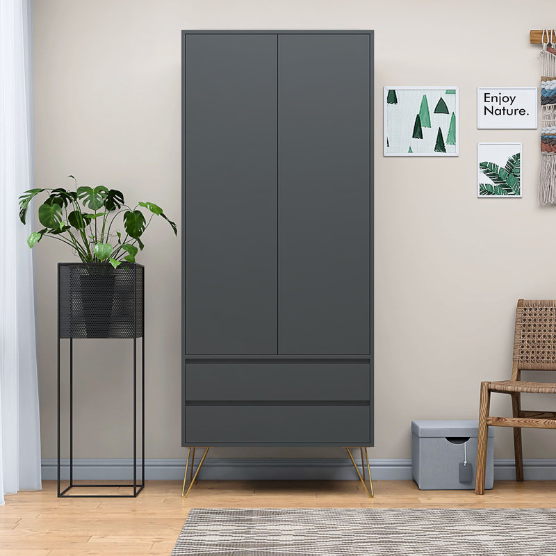 Almaas 2 Door Manufactured Wood Wardrobe, Gray, 186cm H x 76.5cm W x 53cm D