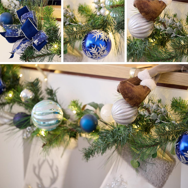 9 Feet Pre-Lit Artificial Christmas Garland with Silver Blue Ornaments and Ribbons