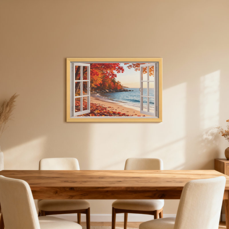 Paysage et nature, scène de plage d'automne à travers une fenêtre ouverte, Toile tendue, Ne s’applique pas, H 24 po x l 16 po
