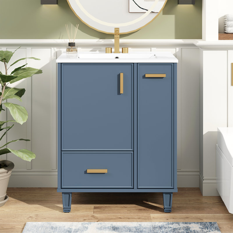 Meuble-lavabo 24 po avec lavabo, armoire de salle de bain avec tablette de porte, tiroir profond, panier coulissant à 2 niveaux, structure en bois massif et panneau de fibres à densité moyenne, un paquet, bleu gris