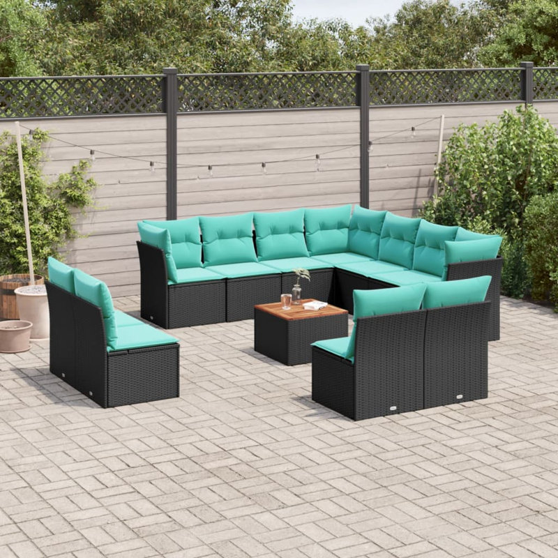 Ensemble de canapé de patio 12 pièces avec coussins en rotin de polyester, Bleu clair, Noir