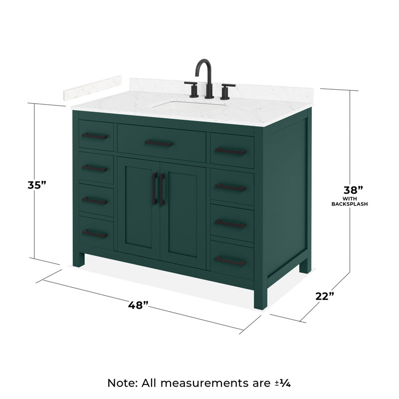 Ensemble de meuble-lavabo simple 48 po Beckett, Vert avec bordure noir mat, Comptoir en marbre de culture de Carrare