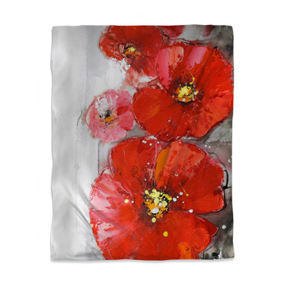 Gray Field Red Flowers Duvet Cover - Floral Bedroom Decor