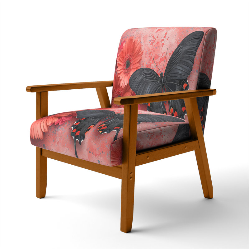 Magiera - Buttlerfly In Watercolor Painting - Velvet  Upholstered Floral Accent Arm Chair, Pink/Black, Brown