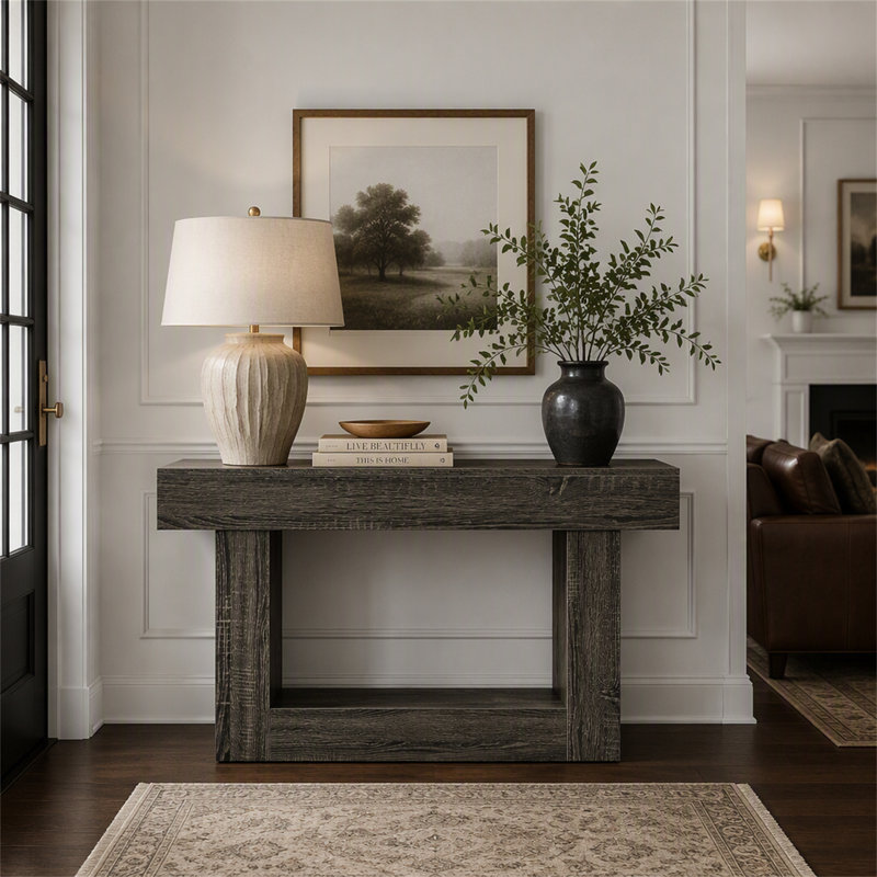 Console en bois de 160 cm, table d'appoint à deux niveaux de style champêtre, table d'entrée, Gris, Gris, Grey