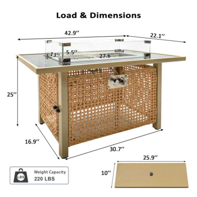 Table de foyer d'extérieur au propane 43 po 60000 BTU, Orange