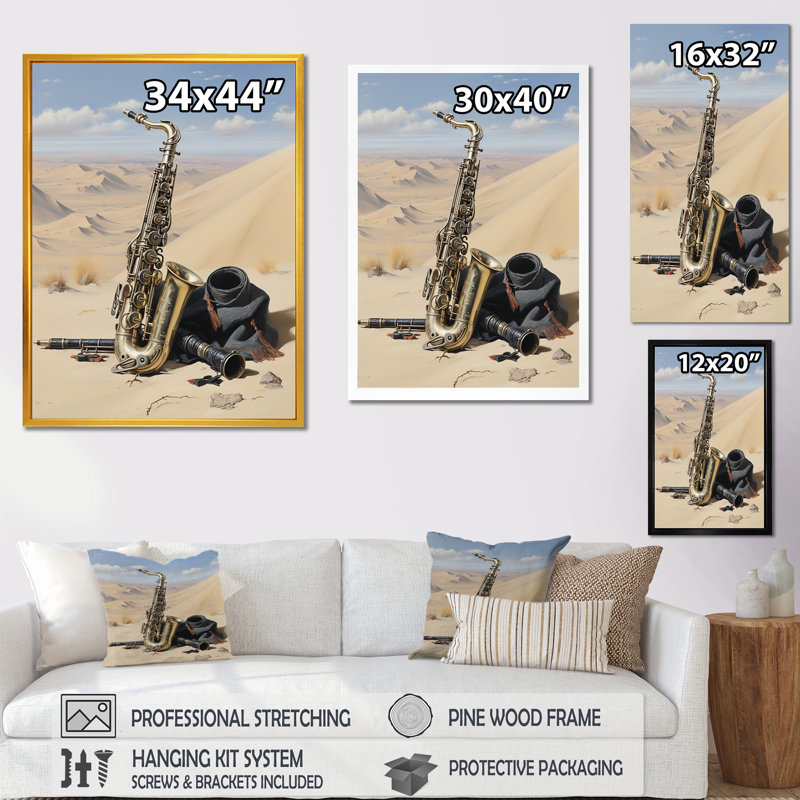 Gold Lone Desert Sax - musique, art mural, Cadre flottant doré, H 20 po x l 12 po x P 1 po