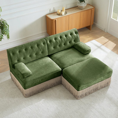 Tissu de velours confortable en L respirant, canapé Chesterfield à jupe de pampille, combinaison libre, accoudoirs carrés légèrement courbés, base en bois de qualité supérieure, facile à assembler, pour le salon, la chambre à coucher