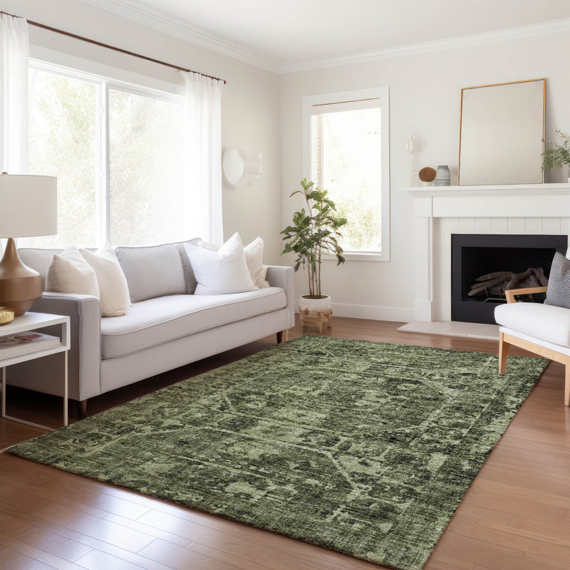 Tapis olive Kelsa AMF41 lavable à la machine de qualité supérieure, Rectangle 10 pi x 14 pi